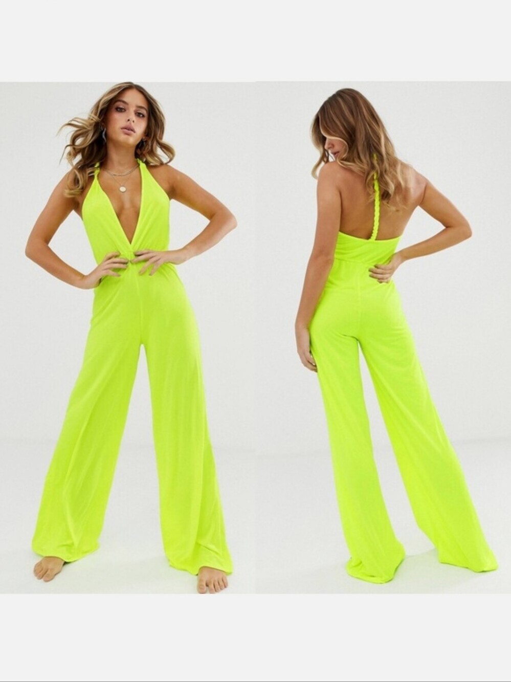 NWT 14 ASOS Neon Yellow Plunge Neck Slinky Jersey Beach Jumpsuit with Twist Back